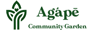 A plant with three leaves and a heart growing out of it and the words Agape Community Garden